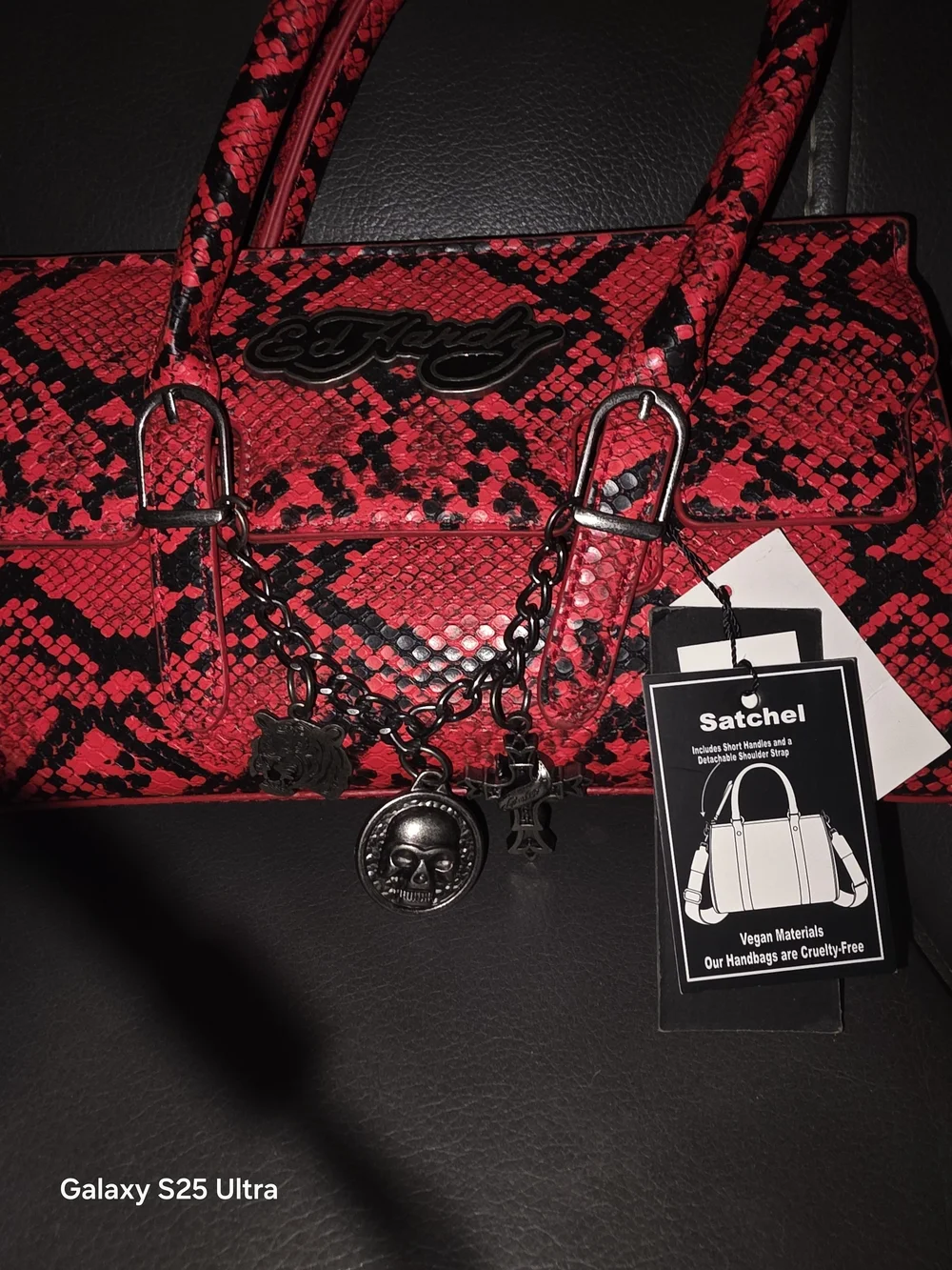 Ed Hardy Red and Black Snake-Print Satchel with Charm Chain